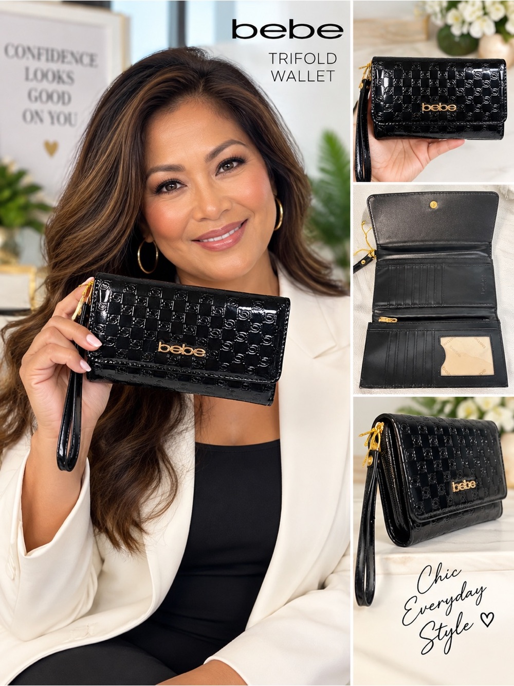 BeBe Ravenna Black Embossed Patent Trifold Wristlet Wallet with Gold Logo - NWT